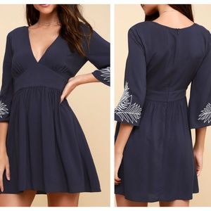 Lulus L Navy Dress Embroidered Flare Sleeve